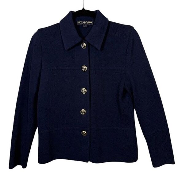 St. John Santana Knit Wool Navy Blue Blazer Jacket Gold Tone Buttons Oversized 2 - Picture 2 of 11